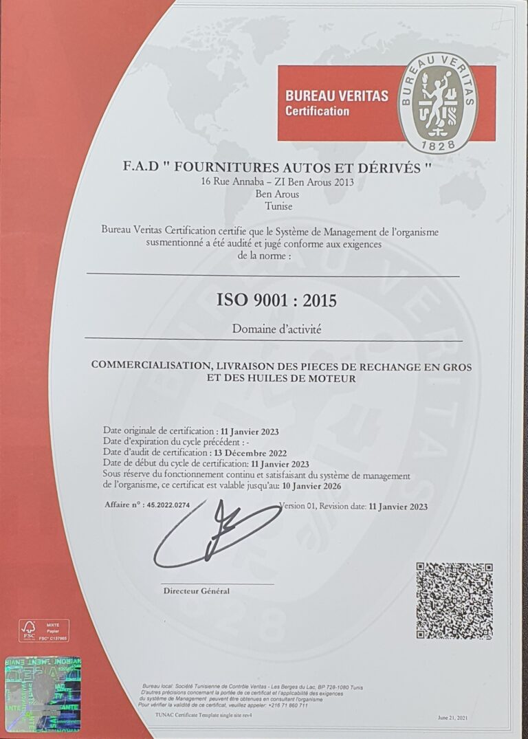 F.A.D. obtient la certification ISO 9001